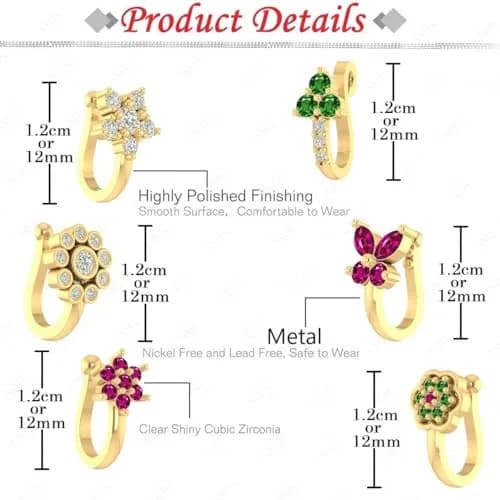 VAMA 6 Pcs Multicolor Gold Plated Clip-on Nose Stud Pin Set 1.2 cm (0.47 in) | Non-Piercing Fashion Jewelry thumbnail 3