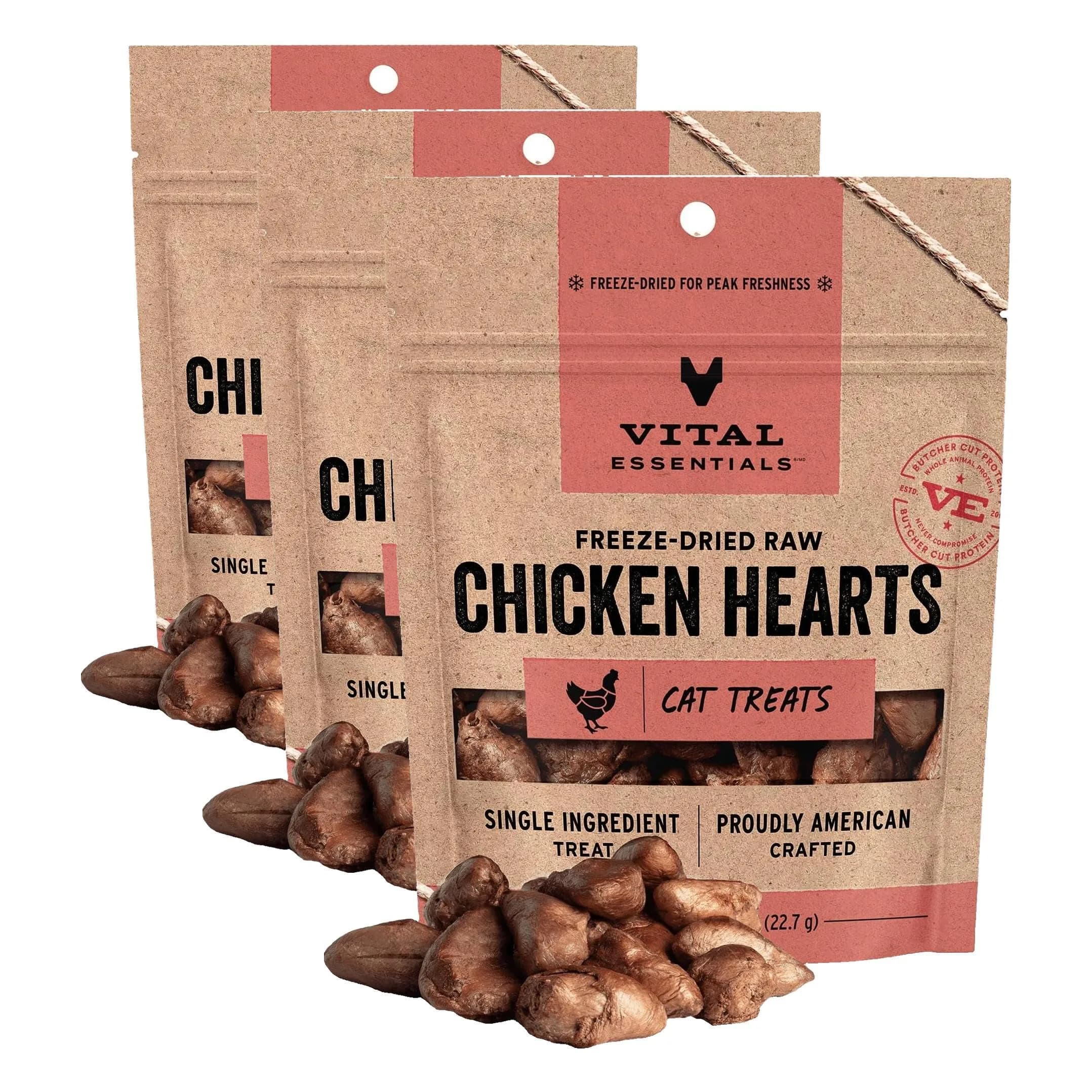 Vital Essentials Freeze-Dried Raw Chicken Hearts Cat Treats 2.4 oz (70g) | Single Ingredient Protein Boost