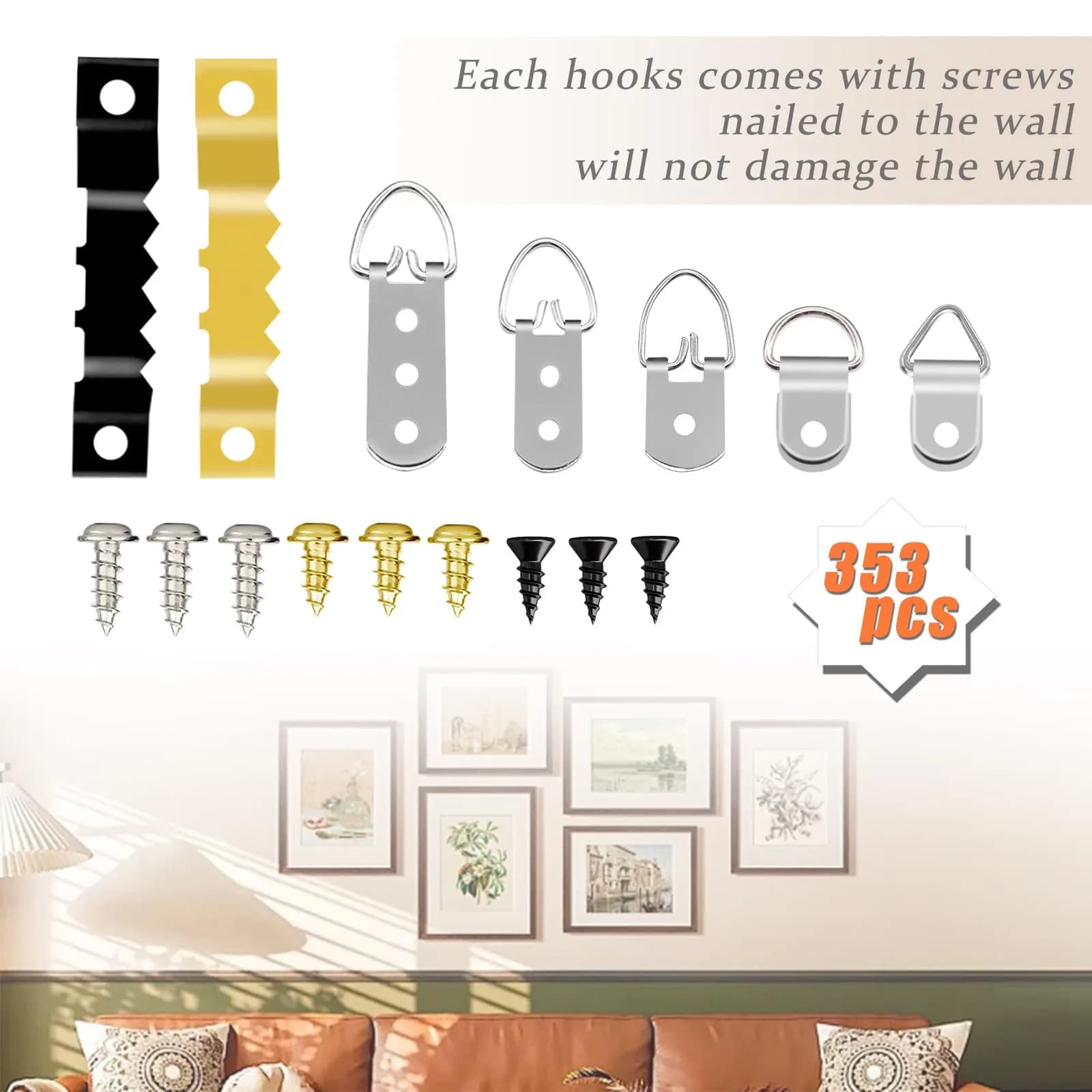 Dianrui 353PCS Picture Hanging Kit with Screws & Level | Stainless Steel Hardware Assortment - view 5