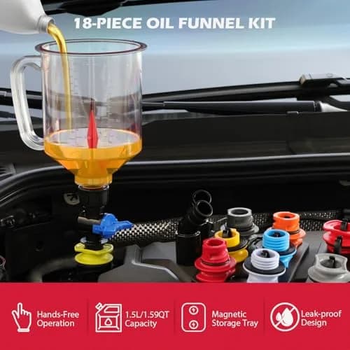 SEDY 18-Piece Engine Oil Funnel Kit 1.59QT (1.5L) | Automotive Oil Funnel Set with 12 Adapters & Magnetic Tray thumbnail 2
