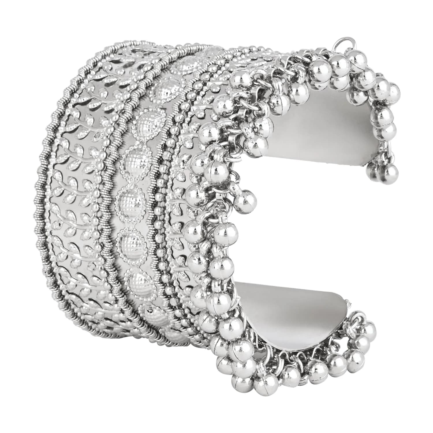 I Jewels Oxidised Silver Afghani Ghungroo Cuff Bracelet for Women | 16.5 cm (6.5 inches)
