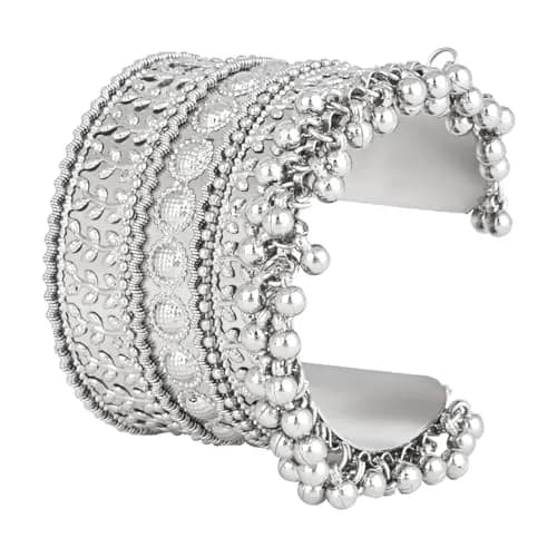 I Jewels Oxidised Silver Afghani Ghungroo Cuff Bracelet for Women | 16.5 cm (6.5 inches) thumbnail 1