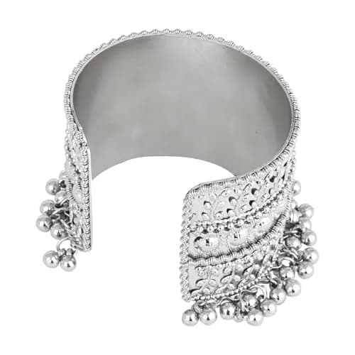 I Jewels Oxidised Silver Afghani Ghungroo Cuff Bracelet for Women | 16.5 cm (6.5 inches) thumbnail 4