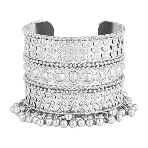 I Jewels Oxidised Silver Afghani Ghungroo Cuff Bracelet for Women | 16.5 cm (6.5 inches) thumbnail 5