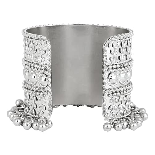 I Jewels Oxidised Silver Afghani Ghungroo Cuff Bracelet for Women | 16.5 cm (6.5 inches) thumbnail 6