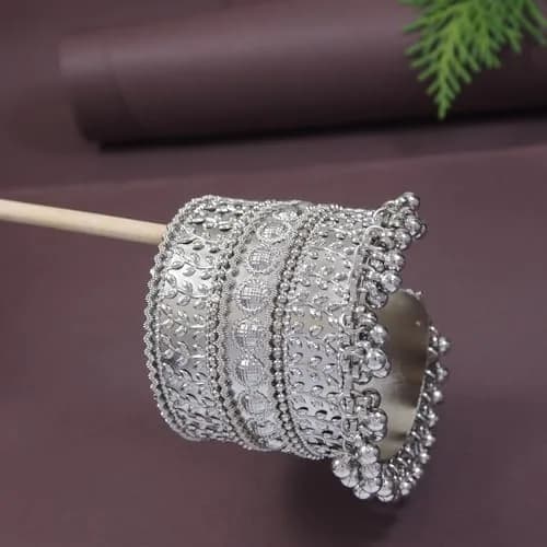 I Jewels Oxidised Silver Afghani Ghungroo Cuff Bracelet for Women | 16.5 cm (6.5 inches) thumbnail 2