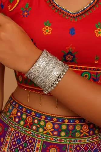 I Jewels Oxidised Silver Afghani Ghungroo Cuff Bracelet for Women | 16.5 cm (6.5 inches) thumbnail 3