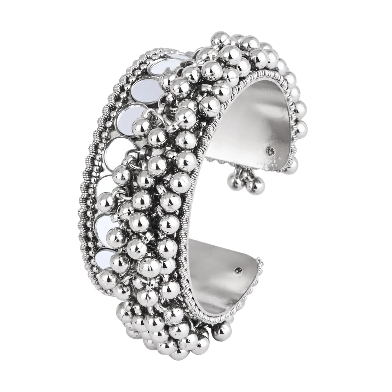 I Jewels Oxidised Silver Afghani Ghungroo Mirror Work Cuff Bracelet for Women | Adjustable Free Size — Silver