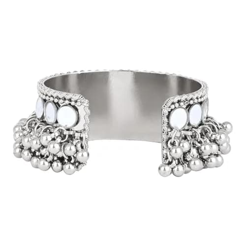 I Jewels Oxidised Silver Afghani Ghungroo Mirror Work Cuff Bracelet for Women | Adjustable Free Size thumbnail 4