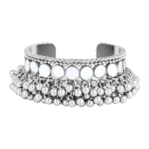 I Jewels Oxidised Silver Afghani Ghungroo Mirror Work Cuff Bracelet for Women | Adjustable Free Size thumbnail 5