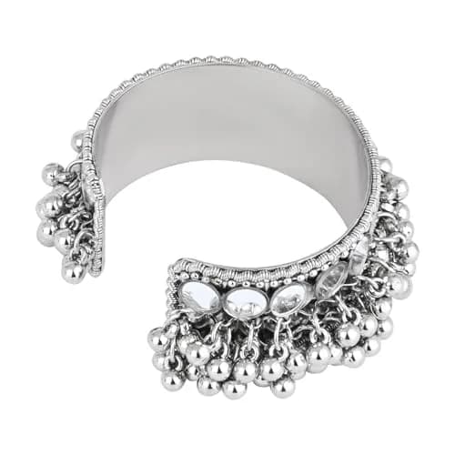 I Jewels Oxidised Silver Afghani Ghungroo Mirror Work Cuff Bracelet for Women | Adjustable Free Size thumbnail 6