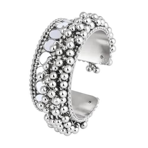 I Jewels Oxidised Silver Afghani Ghungroo Mirror Work Cuff Bracelet for Women | Adjustable Free Size thumbnail 1