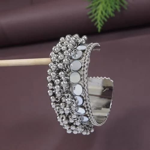 I Jewels Oxidised Silver Afghani Ghungroo Mirror Work Cuff Bracelet for Women | Adjustable Free Size thumbnail 2