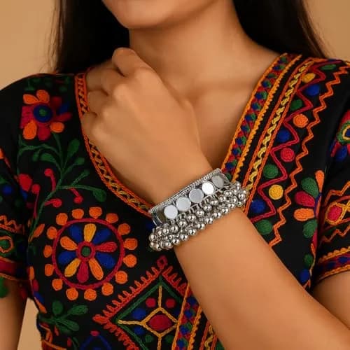 I Jewels Oxidised Silver Afghani Ghungroo Mirror Work Cuff Bracelet for Women | Adjustable Free Size thumbnail 3