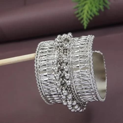 I Jewels Oxidised Silver Afghani Ghungroo Cuff Kada Bracelet For Women | Adjustable Free Size thumbnail 2