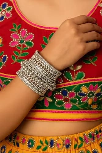 I Jewels Oxidised Silver Afghani Ghungroo Cuff Kada Bracelet For Women | Adjustable Free Size thumbnail 3