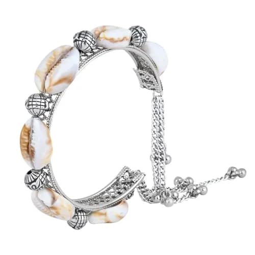 I Jewels Navratri Ethnic Silver Oxidised Indian Wedding Bollywood Afghani Boho Shell Ghungroo Adjustable Cuff Kada Bracelet For Women (ADB522OX) | Traditional Ethnic Design thumbnail 1