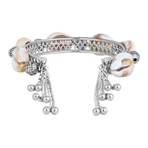 I Jewels Navratri Ethnic Silver Oxidised Indian Wedding Bollywood Afghani Boho Shell Ghungroo Adjustable Cuff Kada Bracelet For Women (ADB522OX) | Traditional Ethnic Design thumbnail 6