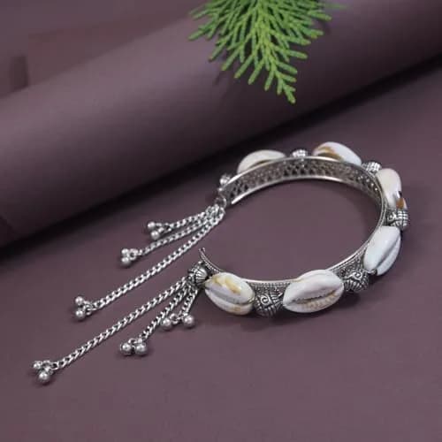 I Jewels Navratri Ethnic Silver Oxidised Indian Wedding Bollywood Afghani Boho Shell Ghungroo Adjustable Cuff Kada Bracelet For Women (ADB522OX) | Traditional Ethnic Design thumbnail 2