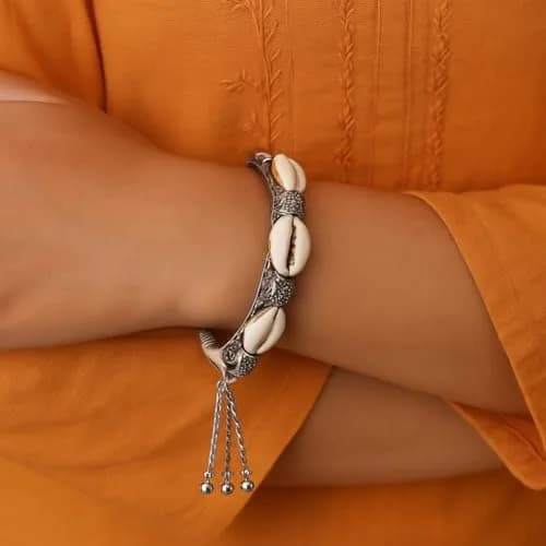 I Jewels Navratri Ethnic Silver Oxidised Indian Wedding Bollywood Afghani Boho Shell Ghungroo Adjustable Cuff Kada Bracelet For Women (ADB522OX) | Traditional Ethnic Design thumbnail 3