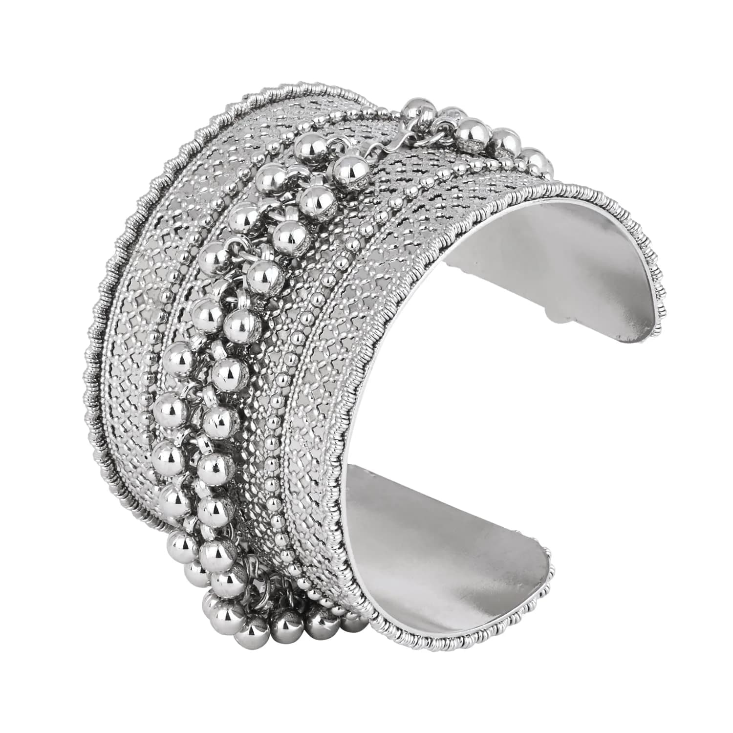 I Jewels Oxidised Silver Afghani Ghungroo Cuff Bracelet for Women | Adjustable Free Size — Style-3