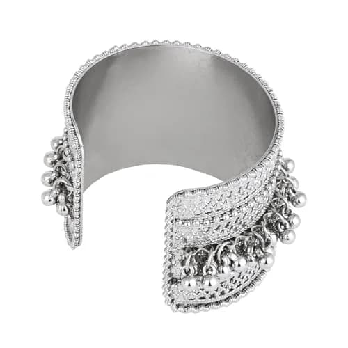 I Jewels Oxidised Silver Afghani Ghungroo Cuff Bracelet for Women | Adjustable Free Size thumbnail 4