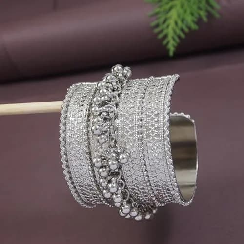 I Jewels Oxidised Silver Afghani Ghungroo Cuff Bracelet for Women | Adjustable Free Size thumbnail 2