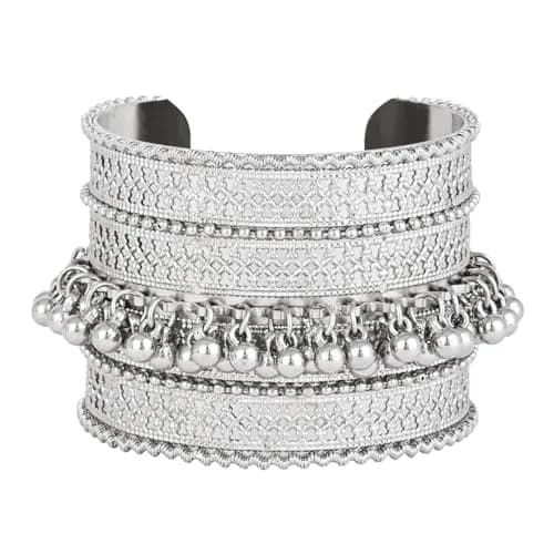 I Jewels Oxidised Silver Afghani Ghungroo Cuff Bracelet for Women | Adjustable Free Size thumbnail 3