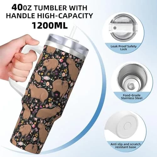 Vasietrng Capybara Tumbler 1183ml (40oz) | Cute Stainless Steel Vacuum Insulated Water Bottle with Handle, Lid & Straw for Girls, Teens, Women, Men thumbnail 4