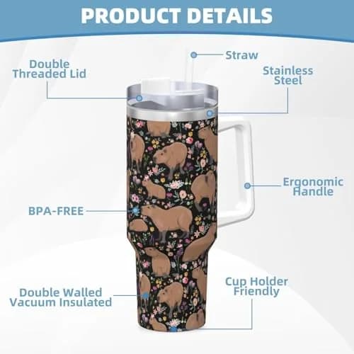 Vasietrng Capybara Tumbler 1183ml (40oz) | Cute Stainless Steel Vacuum Insulated Water Bottle with Handle, Lid & Straw for Girls, Teens, Women, Men thumbnail 6