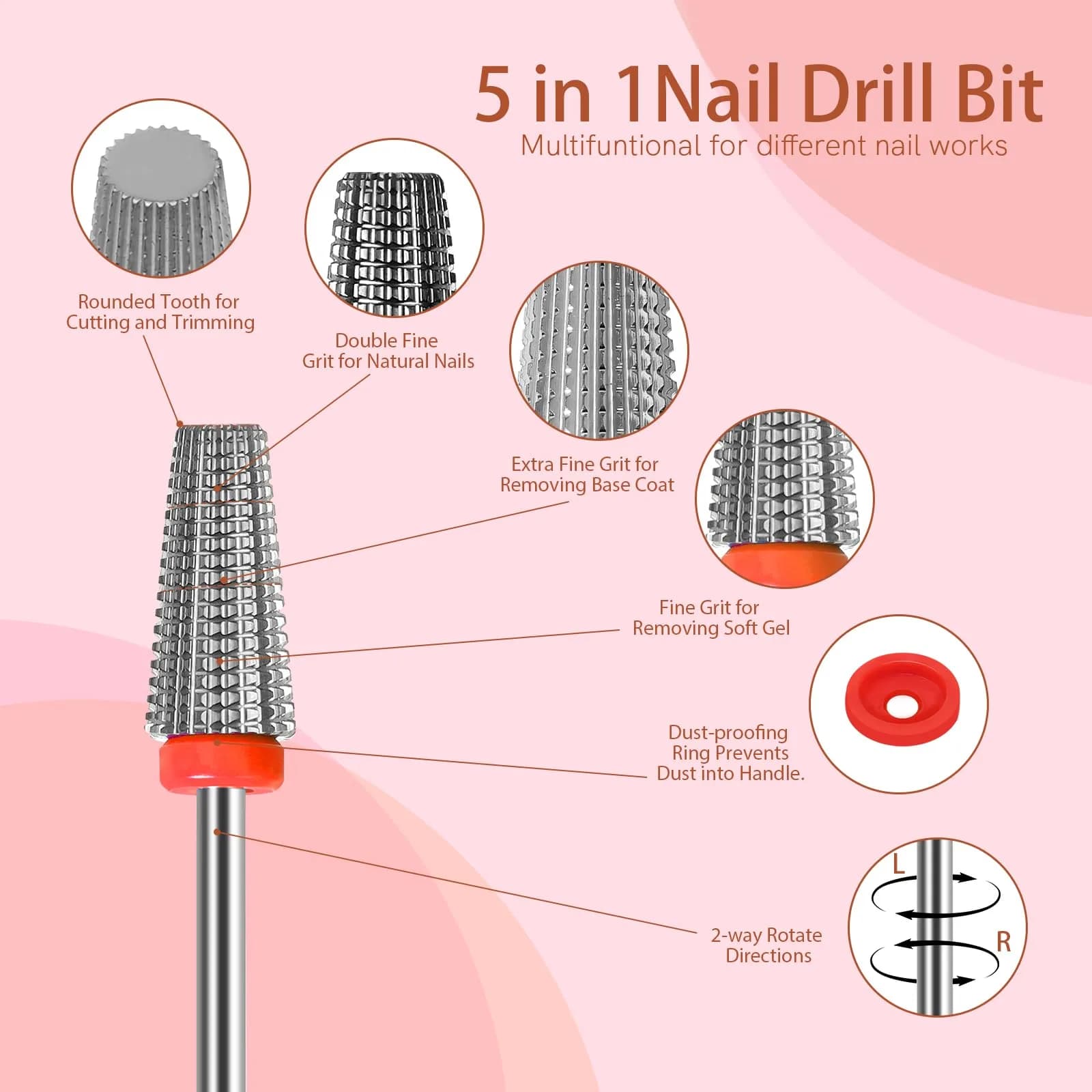 SQULIGT 5 in 1 Fine-F Tungsten Carbide Nail Drill Bit - Silver | Precision Acrylic & Gel Polish Removal - view 2