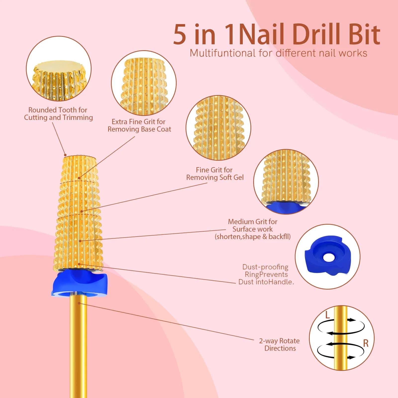 SQULIGT 5-in-1 Tungsten Carbide Nail Drill Bit - Medium-M / Gold | Professional Acrylic Gel Remover - view 2