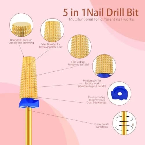 SQULIGT 5 in 1 Tungsten Carbide Nail Drill Bit Medium Golden | Professional Efile Bit for Acrylics & Gels thumbnail 2