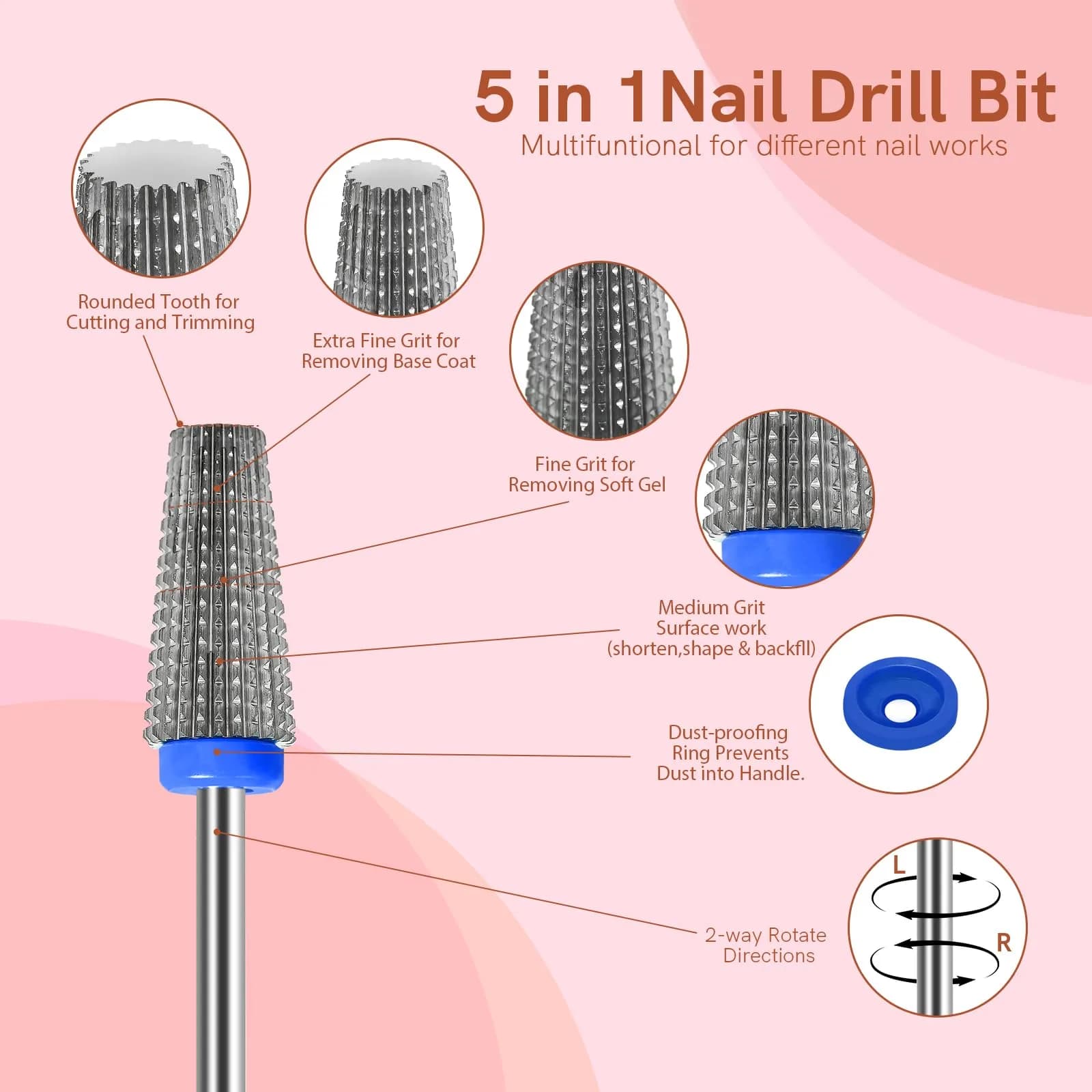 SQULIGT 5 in 1 Tungsten Carbide Nail Drill Bit Medium Grit | Professional Efile Bit for Acrylic Gel Removal - view 2