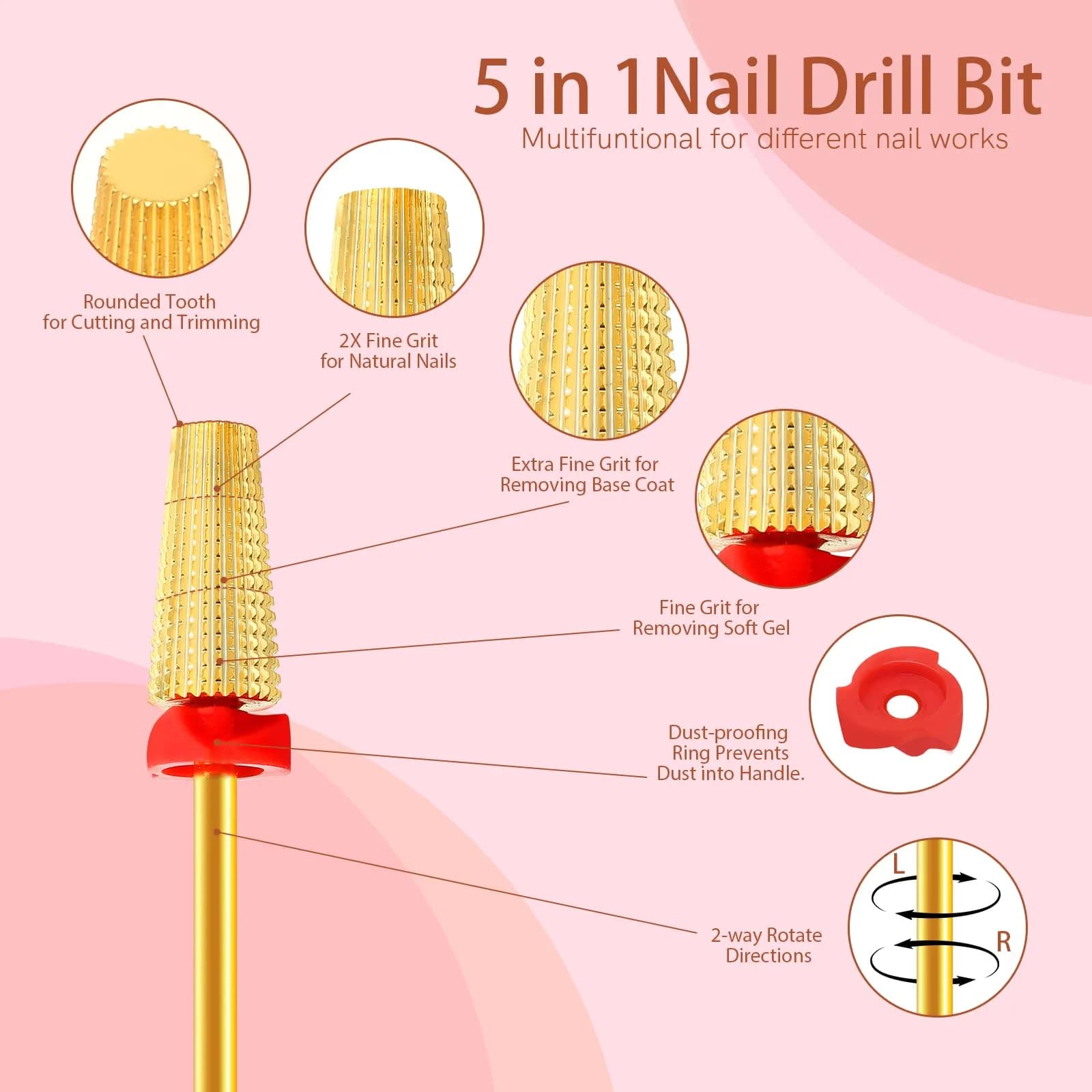SQULIGT 5-in-1 Tungsten Carbide Nail Drill Bit Fine Golden | Professional Acrylic Gel Remover - view 2