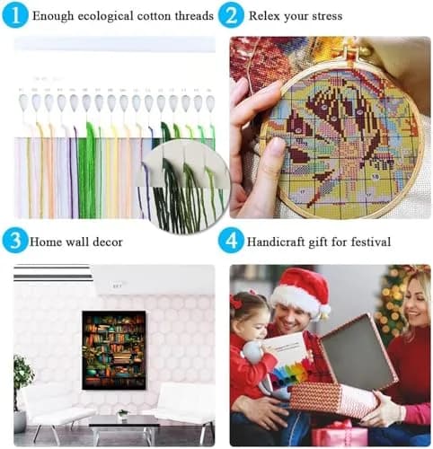 MjhRcll Stamped Cross Stitch Kit Bookshelf Embroidery Starter Kit 30x40cm (12x16 Inch) | Easy Beginner Craft thumbnail 6