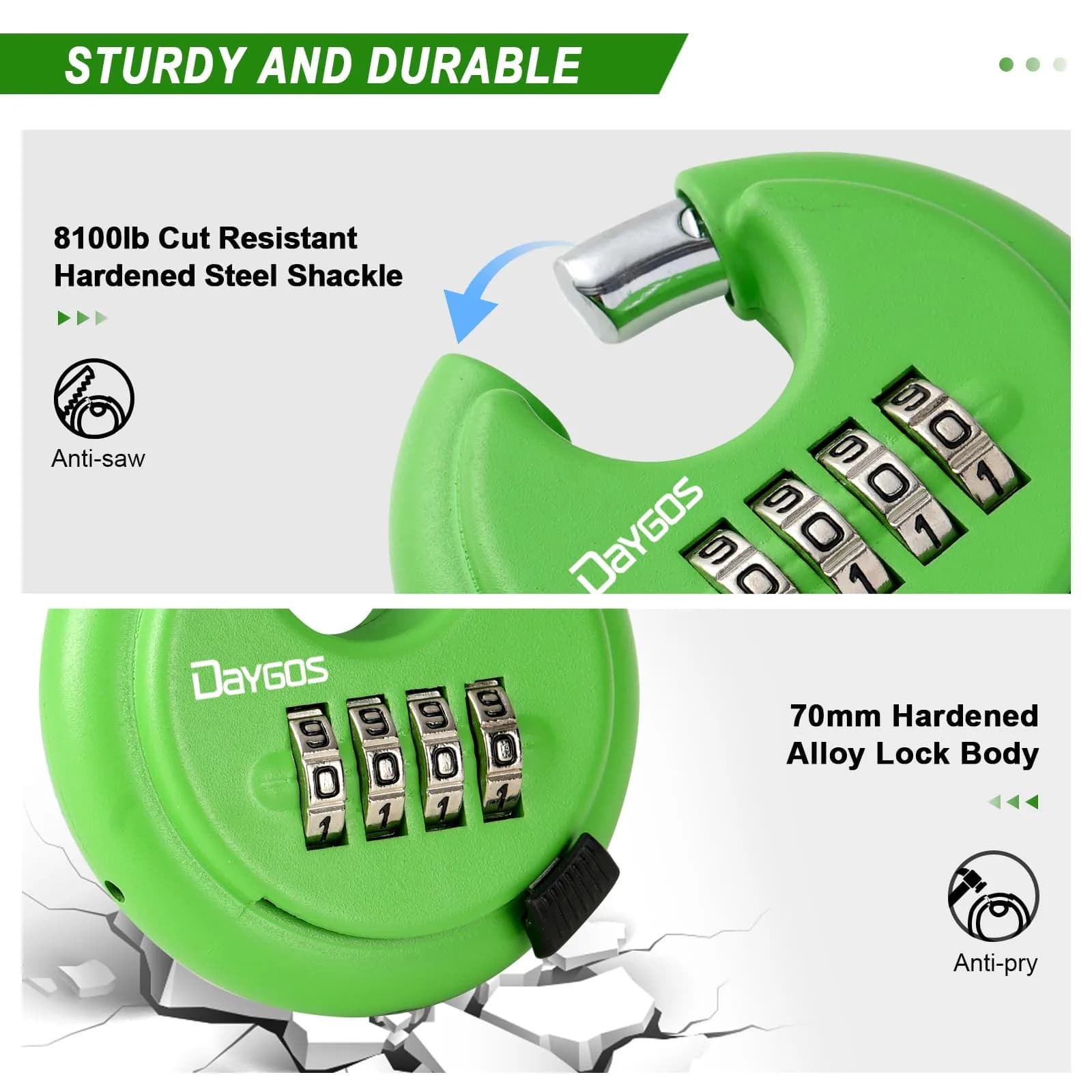DAYGOS 4-Digit Combination Disc Padlock 70mm (2.75") | Heavy Duty Outdoor Lock for Storage Units, Gates, Fences - view 3