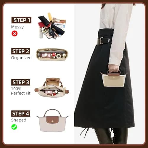 Doxo Felt Purse Organizer Insert for Longchamp Le Pliage Mini XS Bag, Beige 15.5cm (6.1"W) x 4.8cm (1.9"D) x 8.9cm (3.5"H) | Protects Bag Interior thumbnail 4