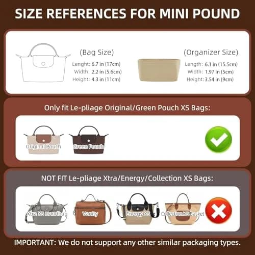Doxo Felt Purse Organizer Insert for Longchamp Le Pliage Mini XS Bag, Beige 15.5cm (6.1"W) x 4.8cm (1.9"D) x 8.9cm (3.5"H) | Protects Bag Interior thumbnail 2