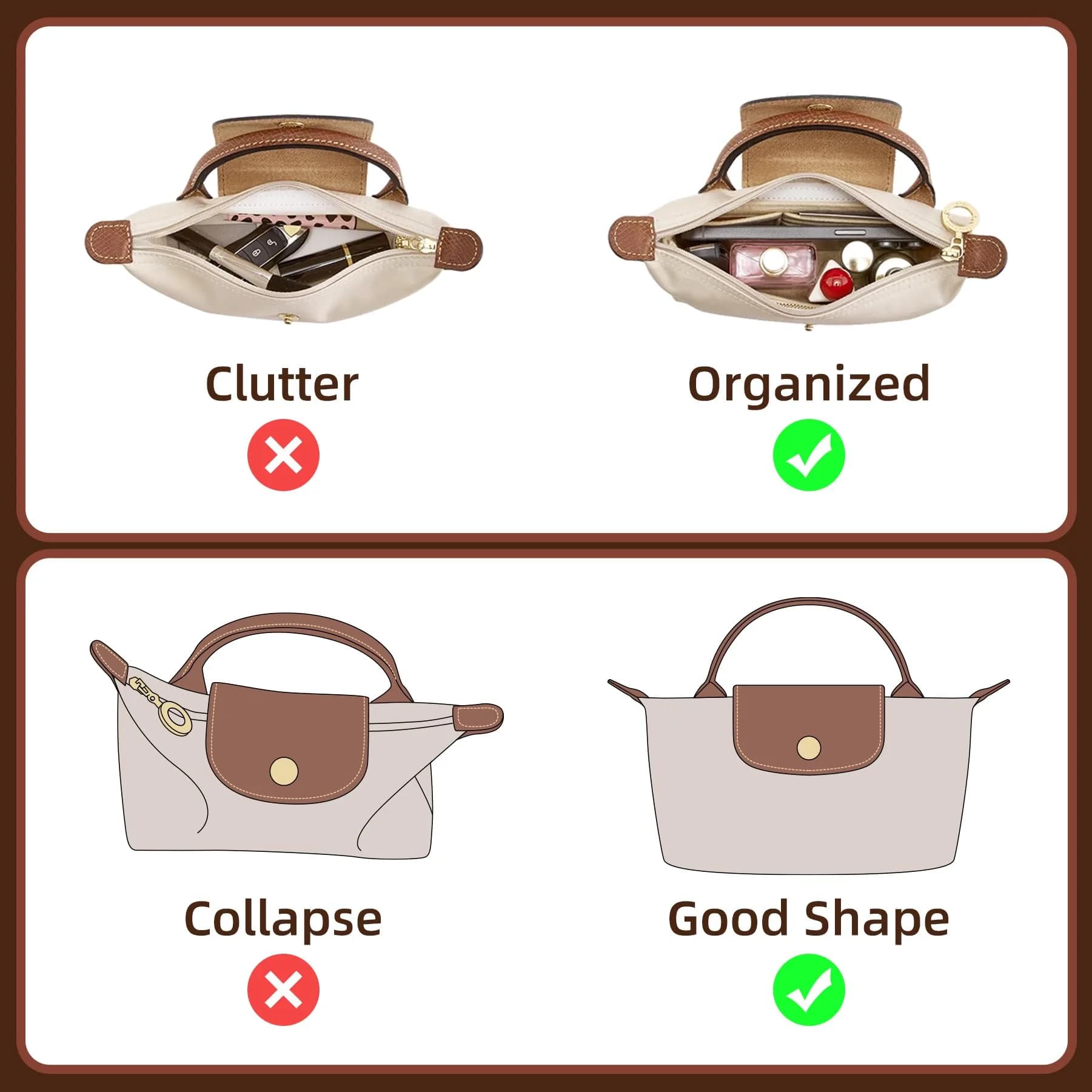 Doxo Felt Purse Organizer Insert for Longchamp Le Pliage Mini XS Bag, Beige 15.5cm (6.1"W) x 4.8cm (1.9"D) x 8.9cm (3.5"H) | Protects Bag Interior - view 3