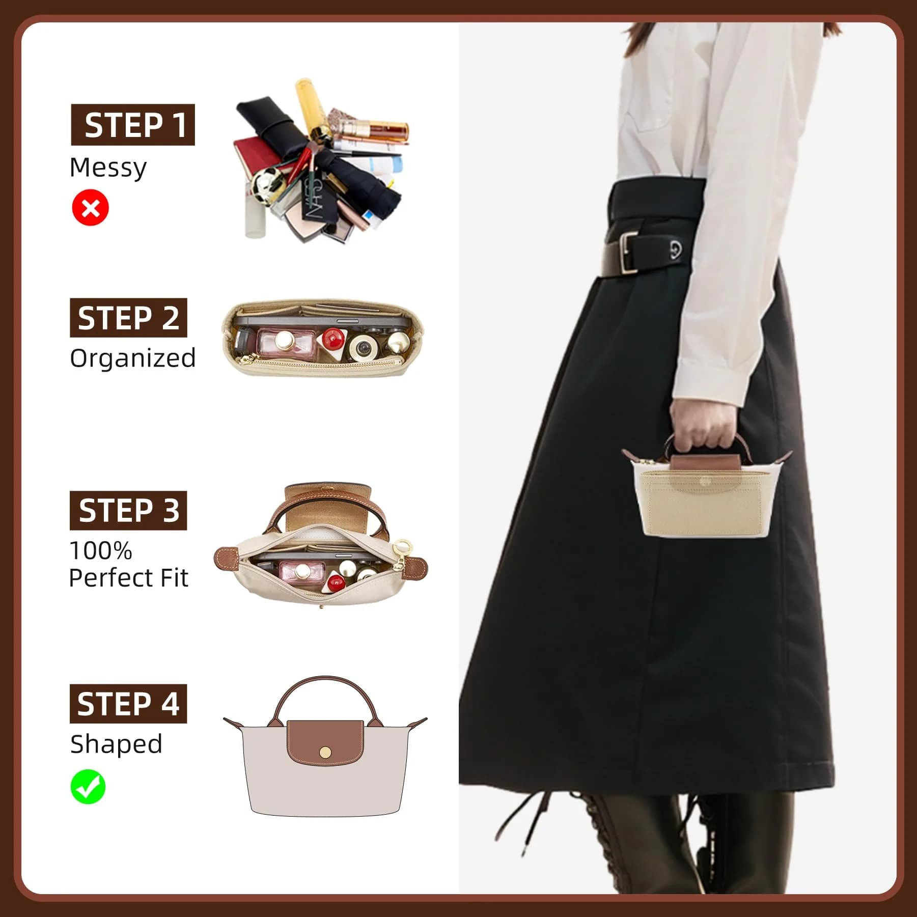 Doxo Felt Purse Organizer Insert for Longchamp Le Pliage Mini XS Bag, Beige 15.5cm (6.1"W) x 4.8cm (1.9"D) x 8.9cm (3.5"H) | Protects Bag Interior - view 4