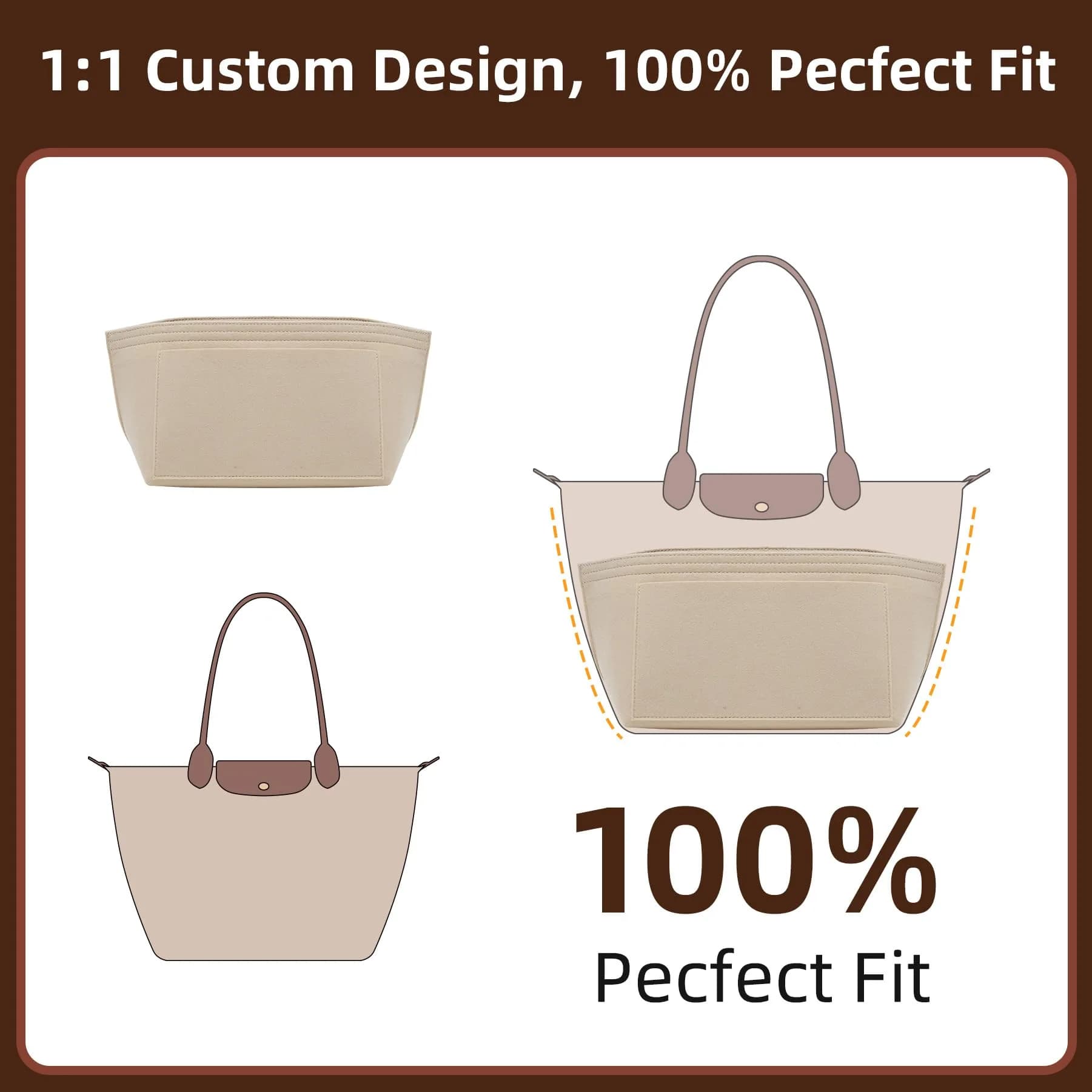 Doxo Felt Purse Organizer Insert for Longchamp Le Pliage Large Bag, Beige 29.5cm (11.6"L x 7.4"W x 8.7"H) | Precision Fit for Tote Bags - view 5