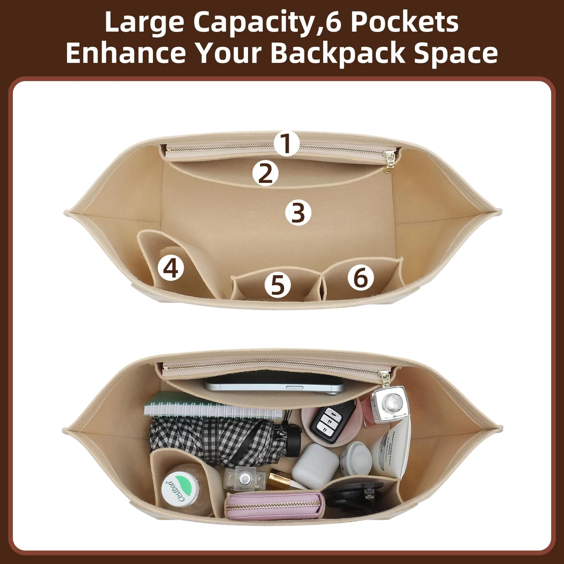 Doxo Felt Purse Organizer Insert for Longchamp Le Pliage Large Bag, Beige 29.5cm (11.6"L x 7.4"W x 8.7"H) | Precision Fit for Tote Bags - view 7