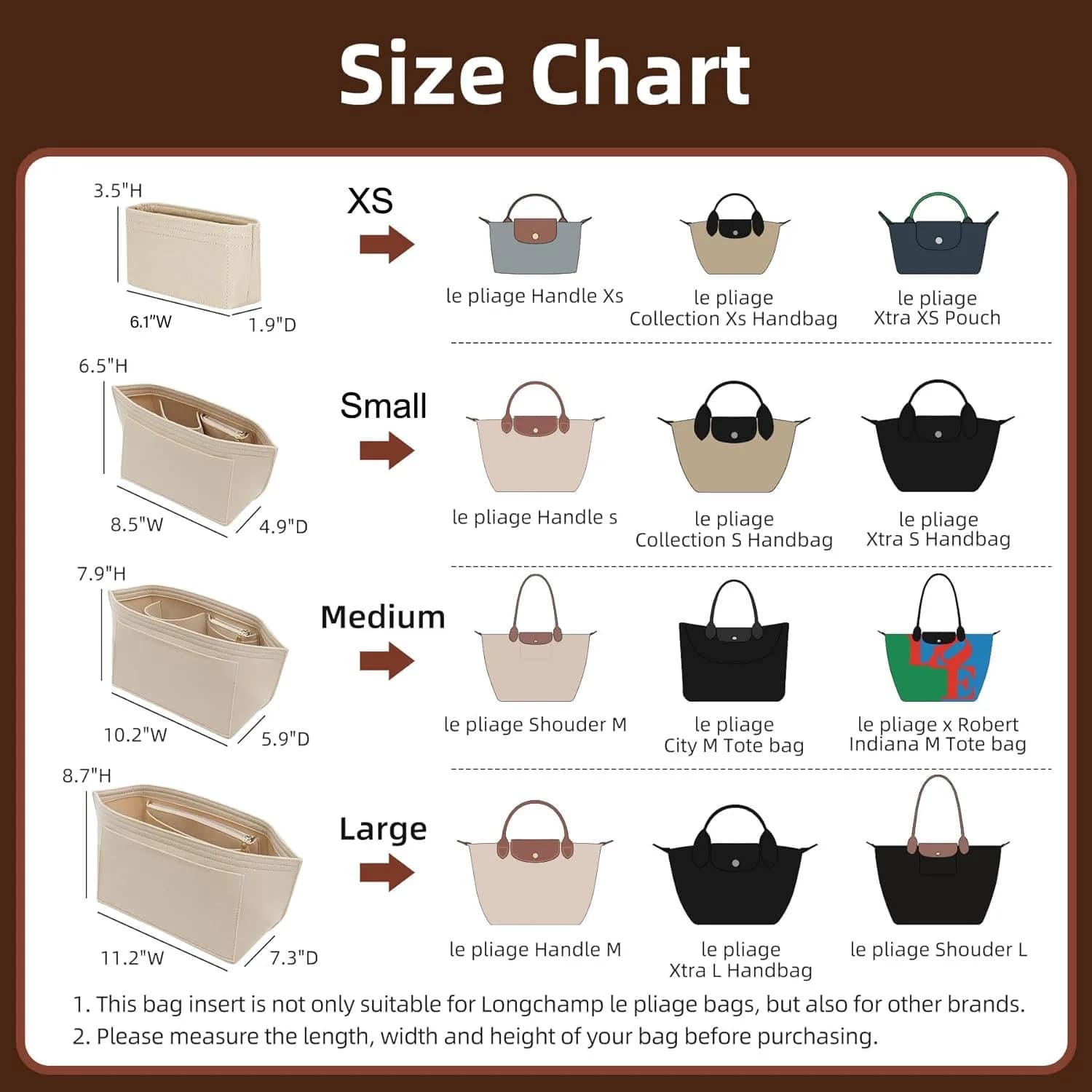 Doxo Felt Purse Organizer Insert for Longchamp Le Pliage Large Bag, Beige 29.5cm (11.6"L x 7.4"W x 8.7"H) | Precision Fit for Tote Bags - view 2
