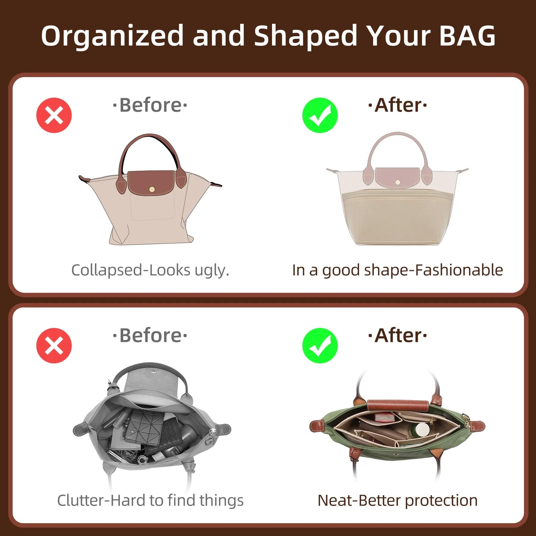 Doxo Felt Purse Organizer Insert for Longchamp Le Pliage Large Bag, Beige 29.5cm (11.6"L x 7.4"W x 8.7"H) | Precision Fit for Tote Bags - view 4