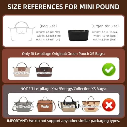 Doxo Felt Purse Organizer Insert for Longchamp Le Pliage Mini XS Bag, Black | 16cm (6.1"W) x 5cm (1.9"D) x 9cm (3.5"H) thumbnail 2
