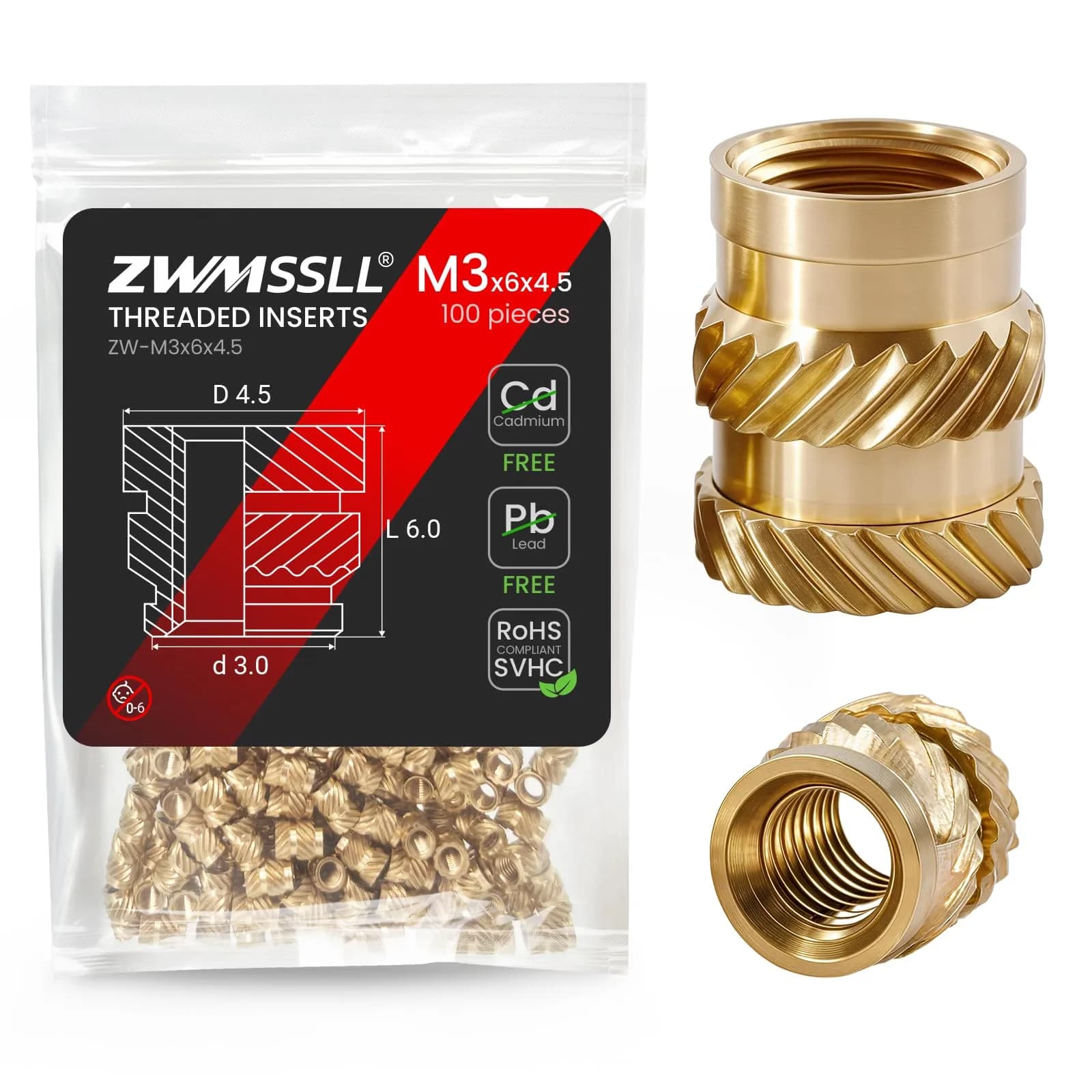 ZWMSSLL 1/4"-20 Heat Set Threaded Inserts 30 Pieces Brass Knurled Nuts | Durable, Heat-Resistant Fasteners for 3D Printing & Plastic Parts — Gold