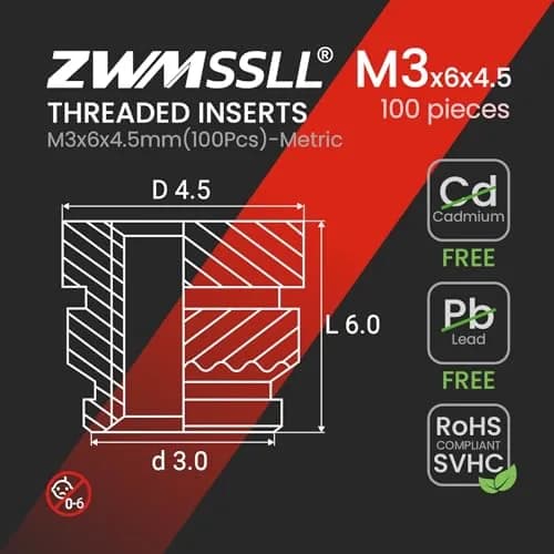 ZWMSSLL M3 Heat-Set Threaded Inserts, M3x6x4.5mm | Brass for 3D Printing & Plastic Parts thumbnail 5