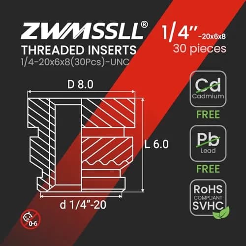 ZWMSSLL 1/4"-20 Heat Set Threaded Inserts 30 Pieces Brass Knurled Nuts | Durable, Heat-Resistant Fasteners for 3D Printing & Plastic Parts thumbnail 5