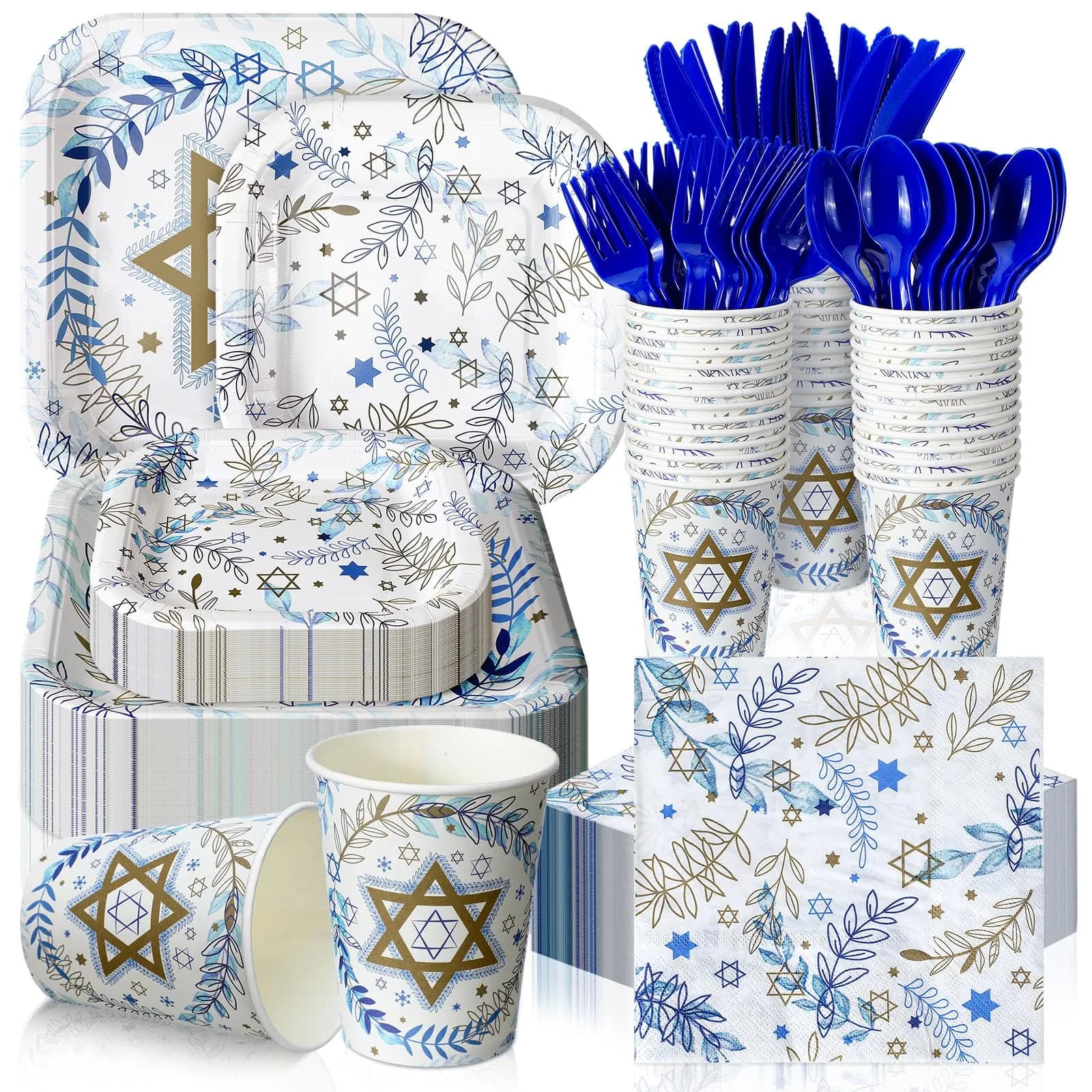 Suttmin Hanukkah Paper Plates & Napkins Set 350 pcs | Disposable Festive Tableware for 50 Guests
